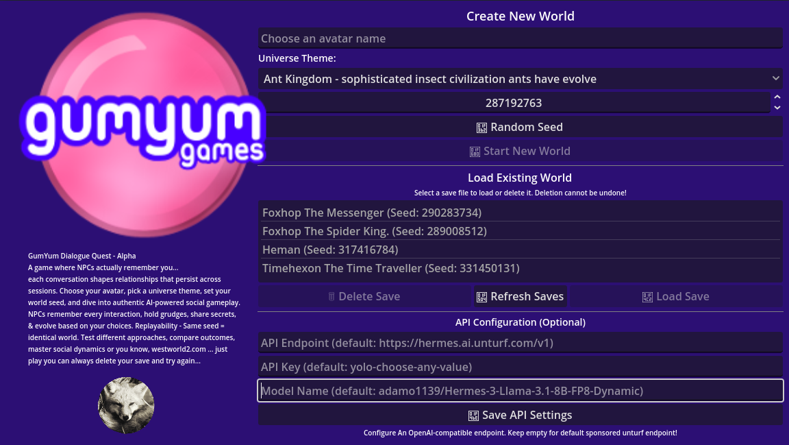 gumyum dialogue quest - alpha menu screen!