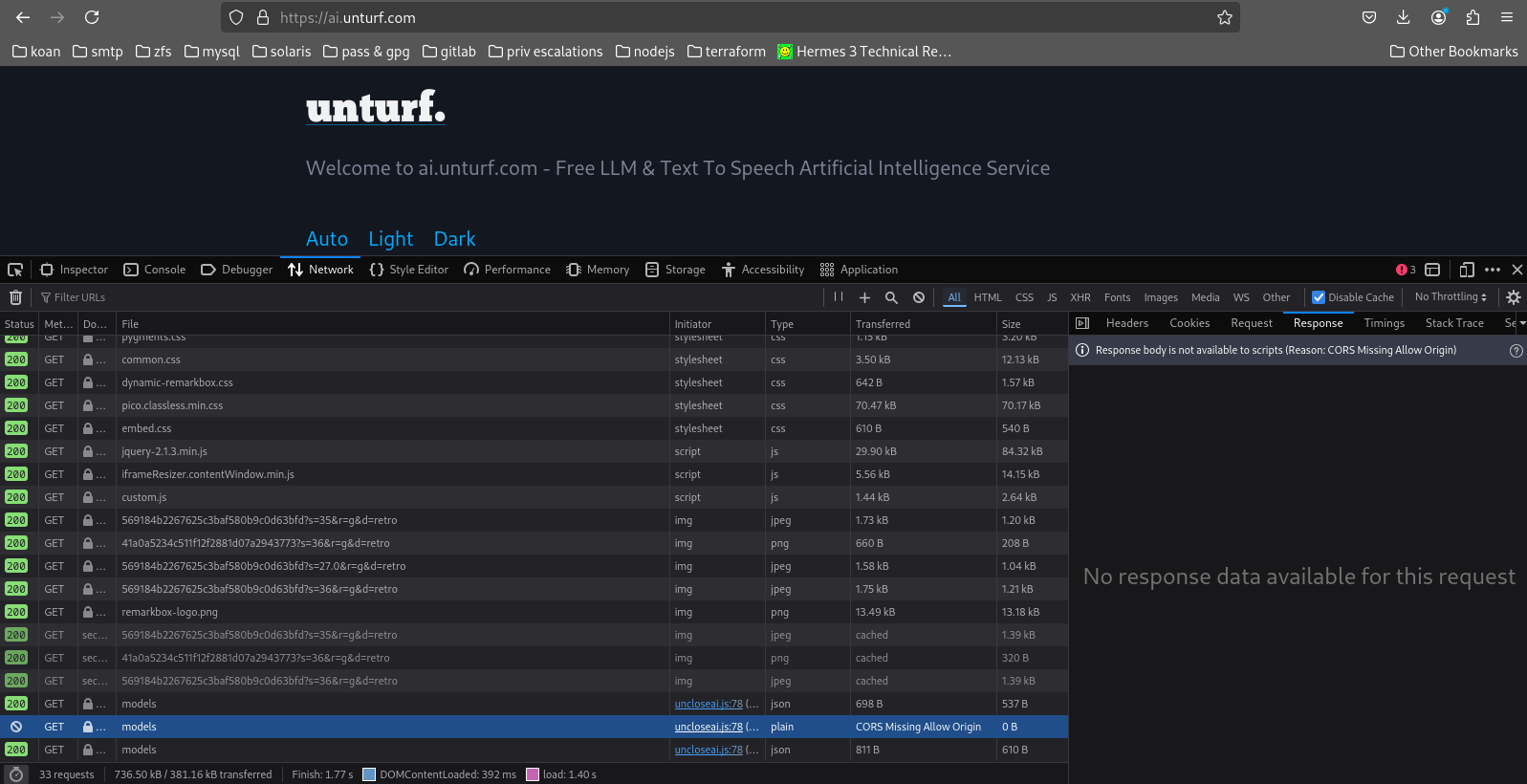 naptha node2 has cores error on /models endpoint