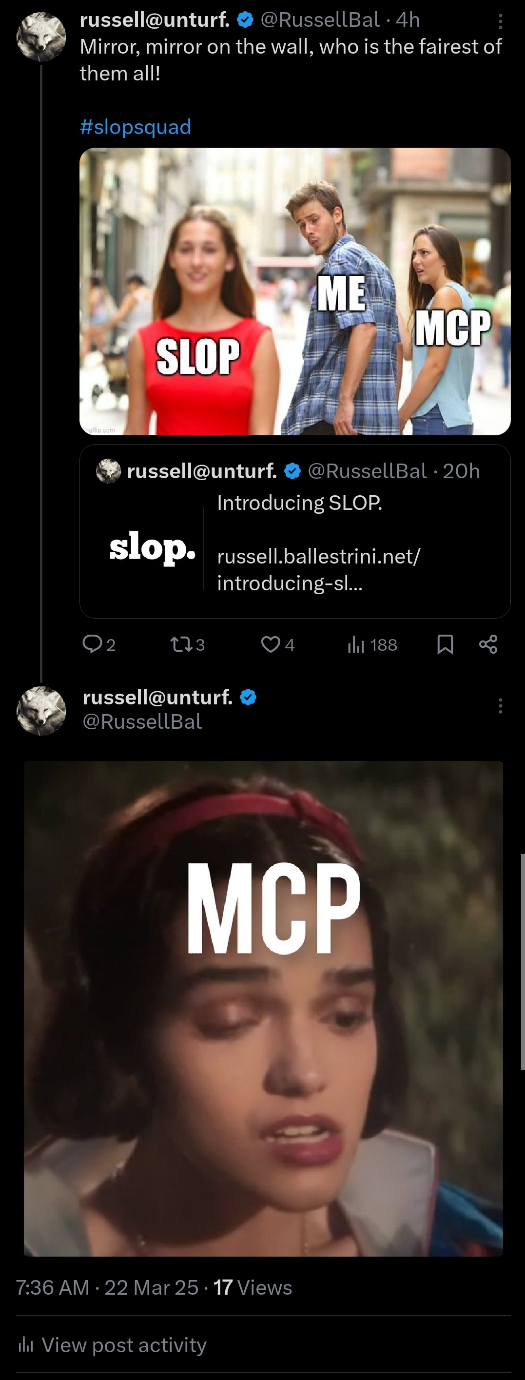 mirror, mirror on the wall, whose the fairest of them all? MCP empire versus SLOP rebels