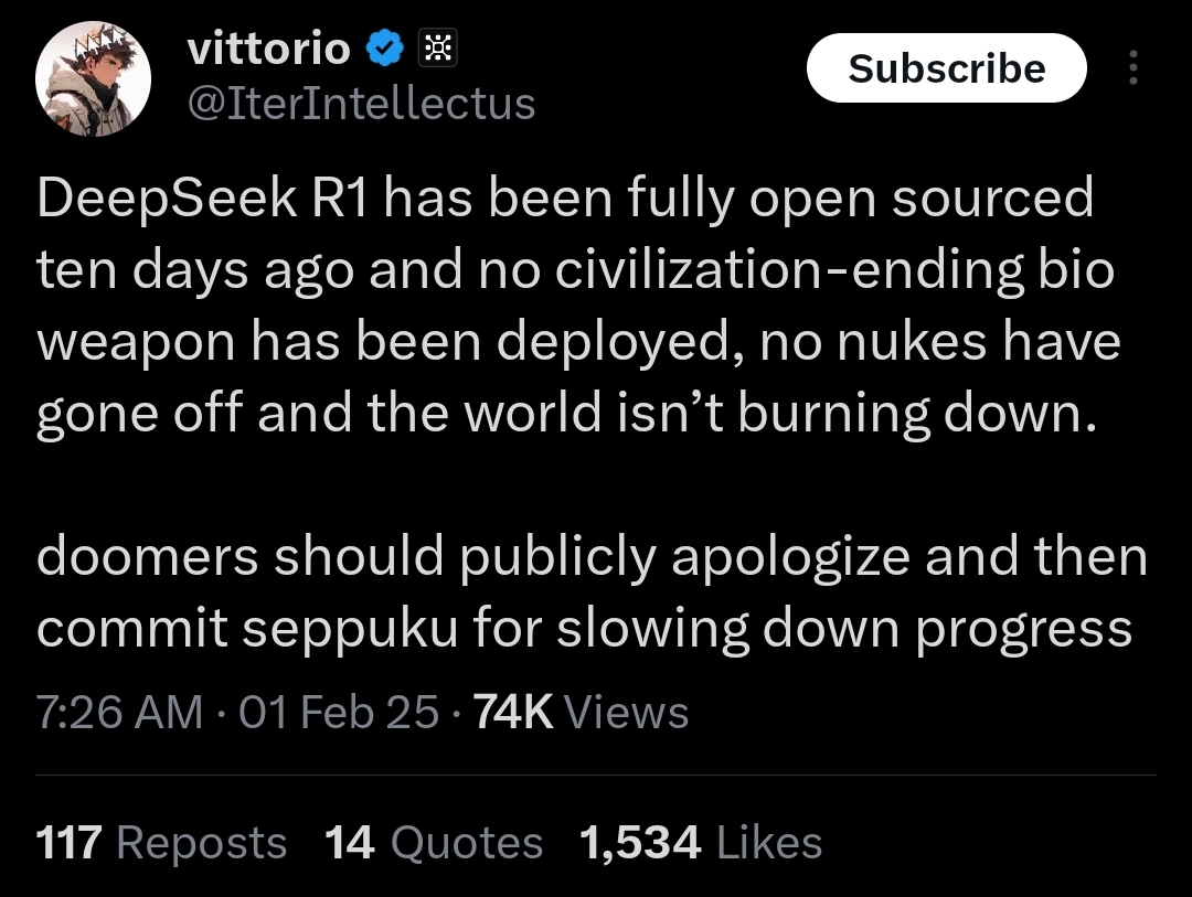 life goes on even when open source wins. r1 completely open sourced